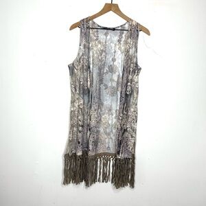 Origami Floral Fringe Sleeveless Boho Topper Vest - Gray